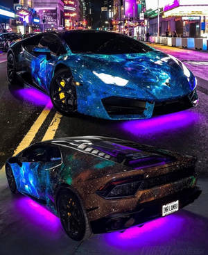Galaxy painted Lamborghini with purple underglow on city street at night. — Lamborghini Wallpaper