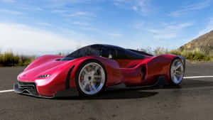 Red futuristic sports car parked on a desert road under a clear blue sky. — Lamborghini Wallpaper