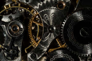 Close-up van versierde mechanische tandwielen en raderen met gouden accenten en gegraveerde patronen. — HD Achtergronden