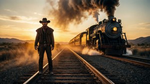 Fondo de pantalla de Cowboy on railroad tracks as steam train approaches at sunset