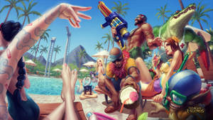 Personajes de anime disfrutando de una fiesta en la piscina tropical con pistolas de agua y bebidas. — Fiesta Fondos de pantalla