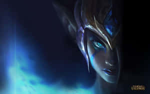Fantasy elf with glowing blue eyes and ornate helmet in dark blue glow. — Legend Wallpaper