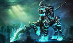 Glowing blue demon warrior with skull armor and fiery weapon in a dark graveyard. — Legend Wallpaper