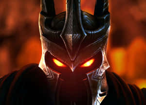 Close-up of a dark armored warrior with glowing orange eyes. — Legend Wallpaper