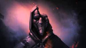 A hooded armored warrior in smoky darkness with floating embers. — Legend Wallpaper