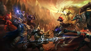 Fantasy warriors and monsters battle in a fiery mountainous landscape at dusk. — Legend Wallpaper