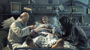 An angel and grim reaper attend to a dying patient in a hospital bed. — Death Wallpaper