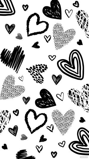 Black and white doodle pattern of hearts in various styles. — iPhone Wallpaper