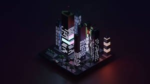 Pixelated city buildings lit up at night with glowing windows and streetlights. — Local Wallpaper