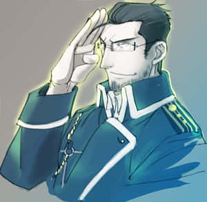 Homme anime en uniforme militaire bleu saluant avec des lunettes et un sourire. — Dow Jones Fonds d'écran