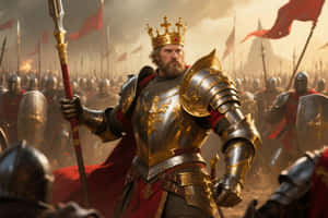 A crowned king in golden armor leads his army on a dusty battlefield at sunset. — Battle Wallpaper