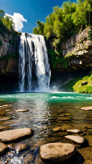A powerful waterfall flows into a clear pool surrounded by green cliffs and rocks. — Travel Wallpaper
