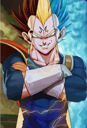 Personagem de anime com cabelo azul e dourado e olhos brilhantes fica confiantemente de braços cruzados. — Fundo de Dragon Ball Fundos