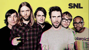 Six men in casual clothing pose against a bright yellow background with SNL logo. — Yellow Wallpaper