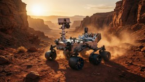 Rover de Marte explorando cañón polvoriento al atardecer