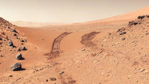 Trilhas de rover serpenteando por um deserto marciano vermelho com rochas espalhadas e colinas distantes. — Marte Papéis de Parede