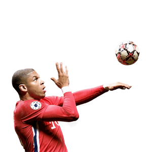 Soccer player in red jersey reaching for a glowing ball against maroon background. — Mbappe Wallpaper
