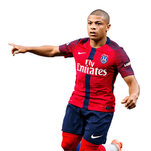 Soccer player in PSG kit pointing forward with glowing edges. — Mbappe Wallpaper