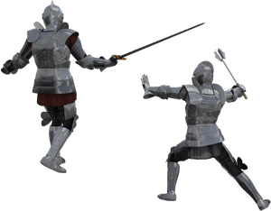 Two medieval knights in full armor engaged in combat with swords. — Brawl Wallpaper
