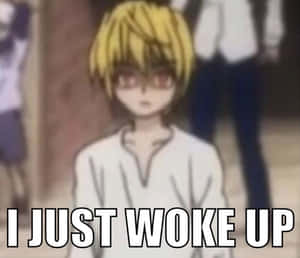 Personaje de anime con cabello rubio y ojos rojos mira fijamente con el texto 'I JUST WOKE UP' superpuesto. — Fotos de perfil Imágenes