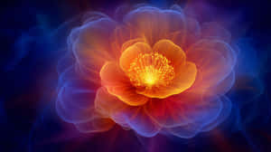 A glowing abstract flower with orange petals and a golden center against a cosmic blue background. — Fantasy Wallpaper