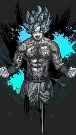 Anime-Figur mit blauen Haaren und Tätowierungen, die mit cyanfarbenem Spritzerhintergrund brüllt. — Dbz Wallpaper