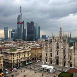 Milan cathedral and modern skyscrapers under overcast sky — Travel Wallpaper