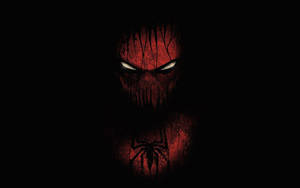 Uma máscara Venom vermelha e preta com olhos brilhantes e emblema de aranha em fundo escuro — Super-herói Papéis de Parede