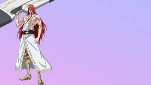 Guerriero anime con capelli rossi e veste bianca che tiene una spada su sfondo viola — Documentazione Sfondi