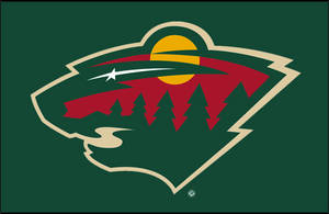 Minnesota Wild NHL-Teamlogo mit Wolfskopf, Kiefern, Sonne und Sternschnuppe. — Wild Wallpaper