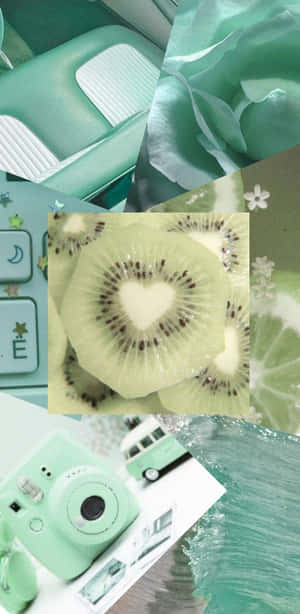 Collage vert menthe avec tranches de kiwi, appareil photo vintage, siège de voiture et motifs floraux. — Linux Mint Fonds d'écran