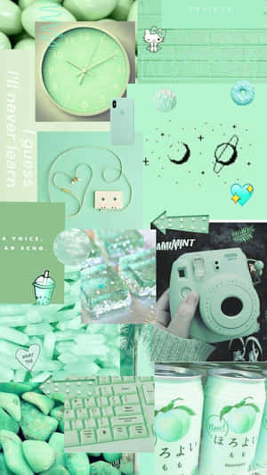 Collage vert menthe avec appareil photo, téléphone, boissons et mignons gribouillis. — Linux Mint Fonds d'écran