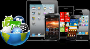 Globusschale mit mobilen OS-Logos neben verschiedenen Smartphones und Tablets. — Mobile Wallpaper