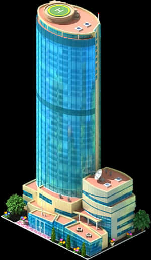 Ein blauer Glashotelturm mit Hubschrauberlandeplatz neben einem beigen Gebäude mit Bäumen und Blumen — D Wallpaper