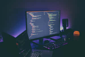 En computeropsætning med lysende tastatur og skærm, der viser kode i et mørkt rum med lilla belysning. — Monitor Background
