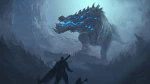 Ein Krieger steht einem riesigen glühenden blauen Drachen in einer nebligen Berghöhle gegenüber. — Desktop computer Wallpaper