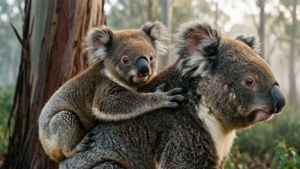 Mother koala carrying baby on back in forest — Koala Wallpaper