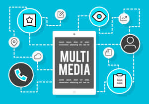 Concepto multimedia digital con tableta e iconos conectados sobre fondo azul. — Multimedia Fondos de pantalla