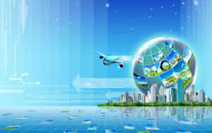 Un globo digital brillante sobre una ciudad con un avión volando. — Multimedia Fondos de pantalla