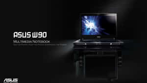 Laptop multimedia ASUS W90 negra con pantalla azul brillante sobre soporte reflectante. — Multimedia Fondos de pantalla
