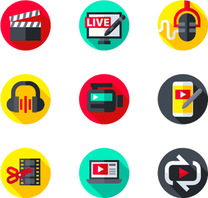 Conjunto de nueve iconos coloridos de medios y producción de video sobre fondo negro. — Multimedia Fondos de pantalla
