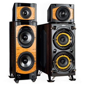 Dos altavoces altos de madera con controladores cónicos amarillos para sistemas de sonido de alta fidelidad. — Multimedia Fondos de pantalla