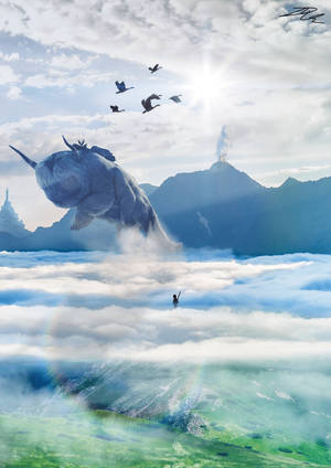 Et kæmpe mytisk dyr springer over skyer, mens en lille figur står nedenfor. — Appa Wallpapers