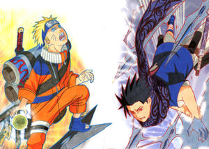 Kaksi anime-ninjahahmoa kiivaassa ilmataistelussa lentävien kunai-veitsien kanssa. — Naruto Taustakuvat