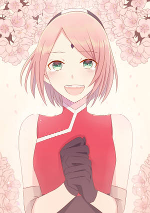 Gadis anime dengan rambut merah muda dan mata hijau tersenyum di bawah bunga sakura. — Naruto Wallpaper