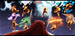 Ninja anime melepaskan klon berapi dalam pertempuran kosmik dengan energi elemen berputar. — Naruto Wallpaper