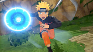Naruto Uzumaki berlari dengan Rasengan biru di area berbatu berhutan. — Naruto Wallpaper