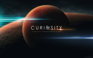 Planeta Marte com texto da missão do rover Curiosity brilhando no espaço. — Marte Papéis de Parede