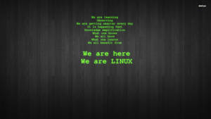 Grön text på mörk träbakgrund förklarar 'We are here We are LINUX' med lärandecitat.