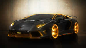 Black Lamborghini Aventador with glowing gold rims and accents in a dark garage. — Lamborghini Wallpaper